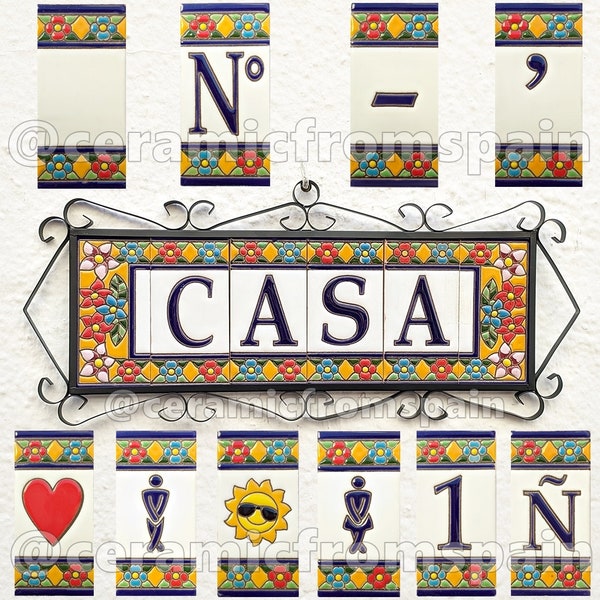 Letras y números de cerámica 11cm. (4.3") para la pared - Esmaltados a mano en España - Modelo "SEVILLA" - Ceramic tile letters and numbers