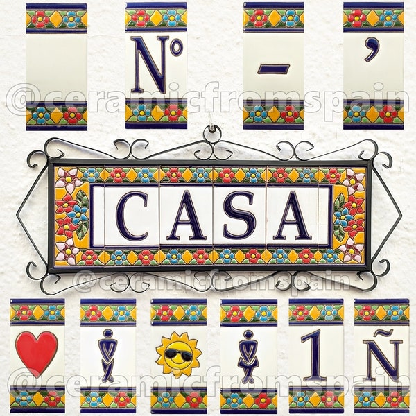 Ceramic letters and numbers 11cm. (4.3") for the wall - Glazed by hand in Spain - Model "SEVILLA" - Ceramic tile letters and numbers