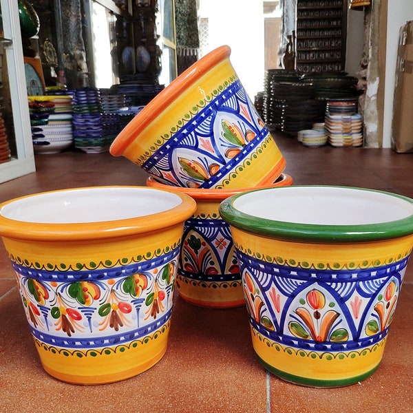 22cm. (8.7") - Set of 3 Ceramic Planter Pots - Hand Painted - "Yellow-Color" Style - Toledo (Spain) - Set of Ceramic planter pots -