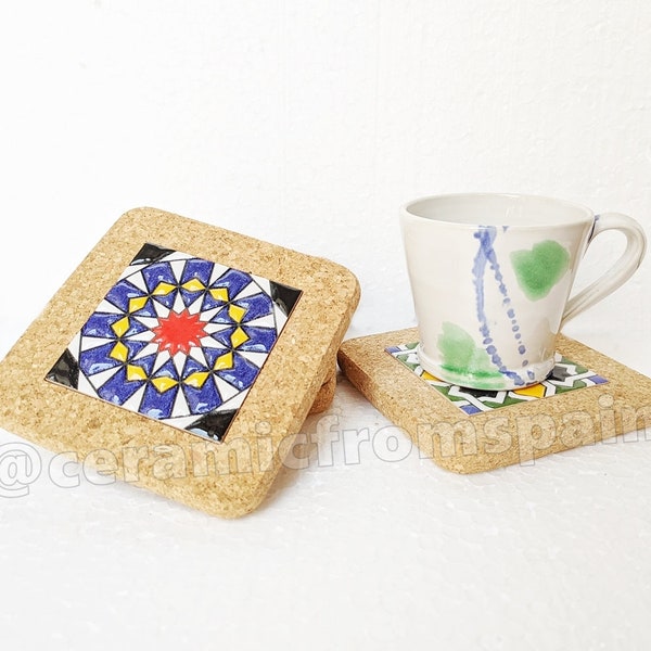 "Spanish" coasters made of ceramic tiles with cork - 11cm. (4") - Made in Andalusia - Spanish tiles from the south of Spain -