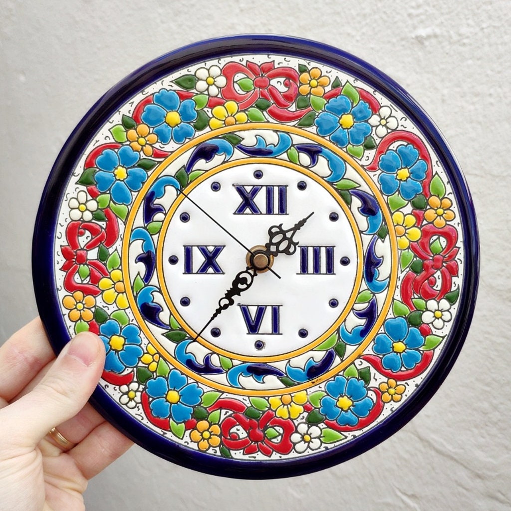 Spanish ceramic clock 22cm. 8.7 enameled by hands Etsy
