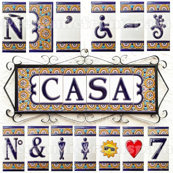 Ceramic letters and numbers 11cm. (4.3") for the wall - Enamelled by hand in Spain - Model "ARCOS" - Ceramic tile letters and numbers -