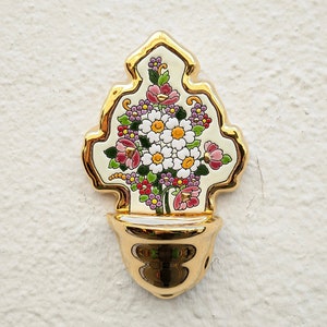 Hand-enameled ceramic blessing pot - 24k gold - 21cm. (8") - Seville - Spain - Andalusian wall ceramic holy water stoup - Ceramic font -