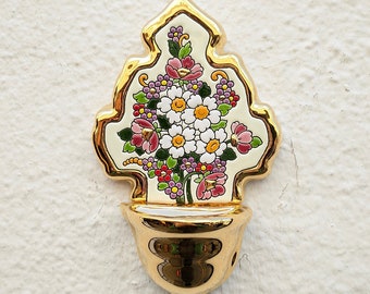 Benditera de cerámica esmaltada a mano - oro 24k - 21cm. (8") - Sevilla - España - Andalusian wall ceramic holy water stoup - Ceramic font -