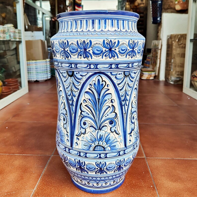 Large Umbrella Stand 47 cm 19 hand painted cane stand Hand painted Toledo ceramic Blue Ceramic umbrella stand Stick vase image 2