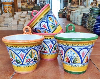 Set of 3 Hanging Pots - Hand Painted - 16 cm. (6.3 in.) - Toledo (Spain) - Set of 3 Ceramic hanging plants pots - Planter pots -