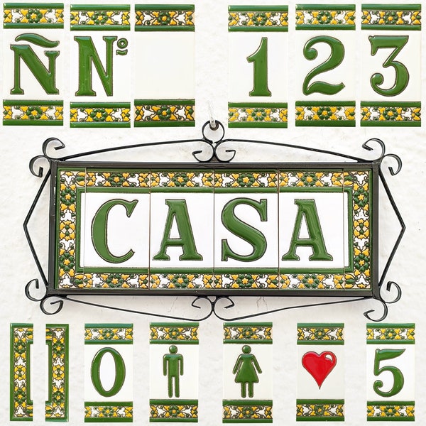 Ceramic letters and numbers 11cm. (4.3") for the wall - Hand glazed in Spain - "FLORES-Verde" - Ceramic tile letters and numbers