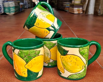 Set of 2 hand-painted ceramic Mugs - "Olives" - "Lemons" - 9cm. - Almería, Andalusia (Spain) - Spanish ceramic coffee mug -