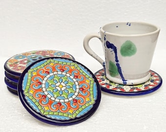 9 cm. (3.54") - Set de 6 Posavasos de cerámica - Esmaltados a mano - "Técnica Cuerda seca" - Sevilla, España - Set of 6 Ceramic coasters -