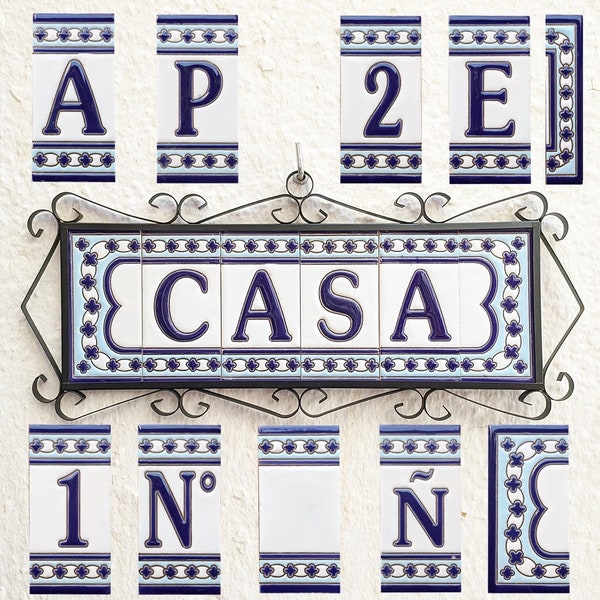 Lettres et chiffres en céramique 11cm. (4,3") pour le mur - Vitré à la main en Espagne - Modèle "MALAGA" - Lettres et chiffres en carreaux de céramique