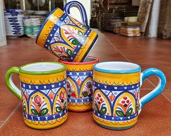 Set of 2 hand-painted ceramic Mugs - "Yellow/Blue" - 9.5cm. - Toledo (Spain) - Spanish ceramic coffee mug - Handpainted -