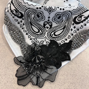 Boujee Bandana / White and black crystal applique bandana scarf necklace! (one of a kind)