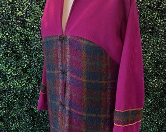 Raspberry Boucle Wool Plaid Coat - Large