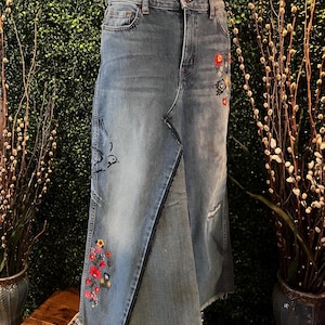Upcycled Denim Maxi Skirt with Embroidery - Size 31 Revice jeans