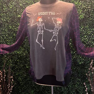 Spooky Ya’ll tee reworked upcycled flannel top - Size SMALL