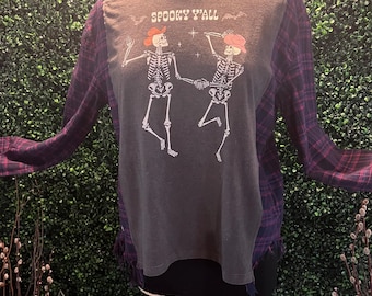 Spooky Ya’ll tee reworked upcycled flannel top - Size SMALL