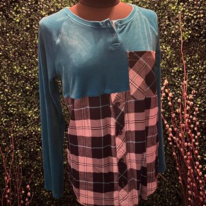 Blue, Grey & Black Plaid Reworked shirt - Adult Size Small