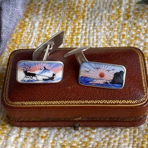 Antique art deco Norwegian enamel cufflinks. Norne (Aksel Holmsen) Guilloche Norway scenes cuff links