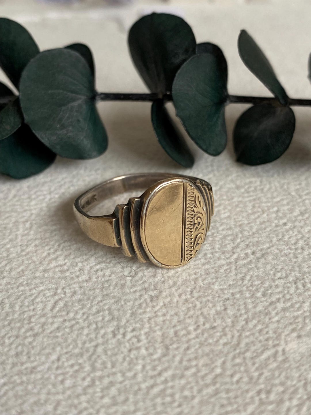 Vintage Oval Signet Ring. 9ct Gold on Silver Engraved Signet. Men’s ...
