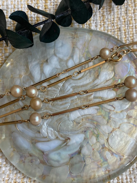Vintage Long Bar Chain. 70cm Faux Pearl Necklace. Rolled