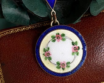 Antique guilloche enamel pendant necklace