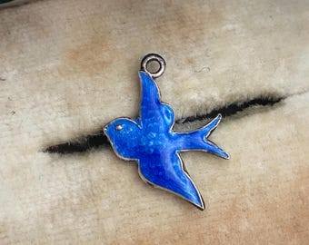 Vintage silver enamel blue bird or swallow charm