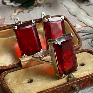 Vintage silver ruby glass modernist earrings and ring set