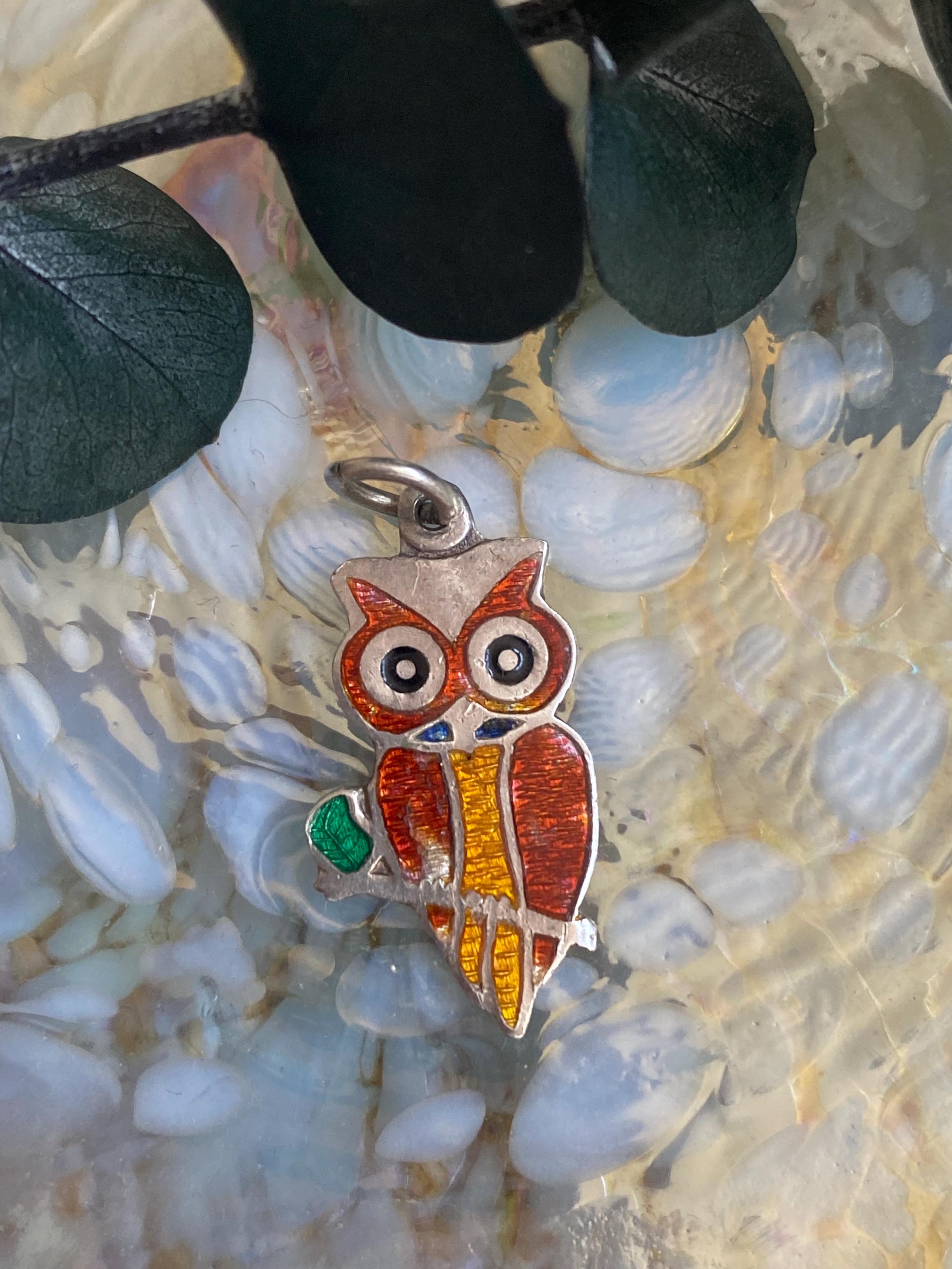 Vintage silver enamel owl charm. Halloween pendant with guilloche enamel.