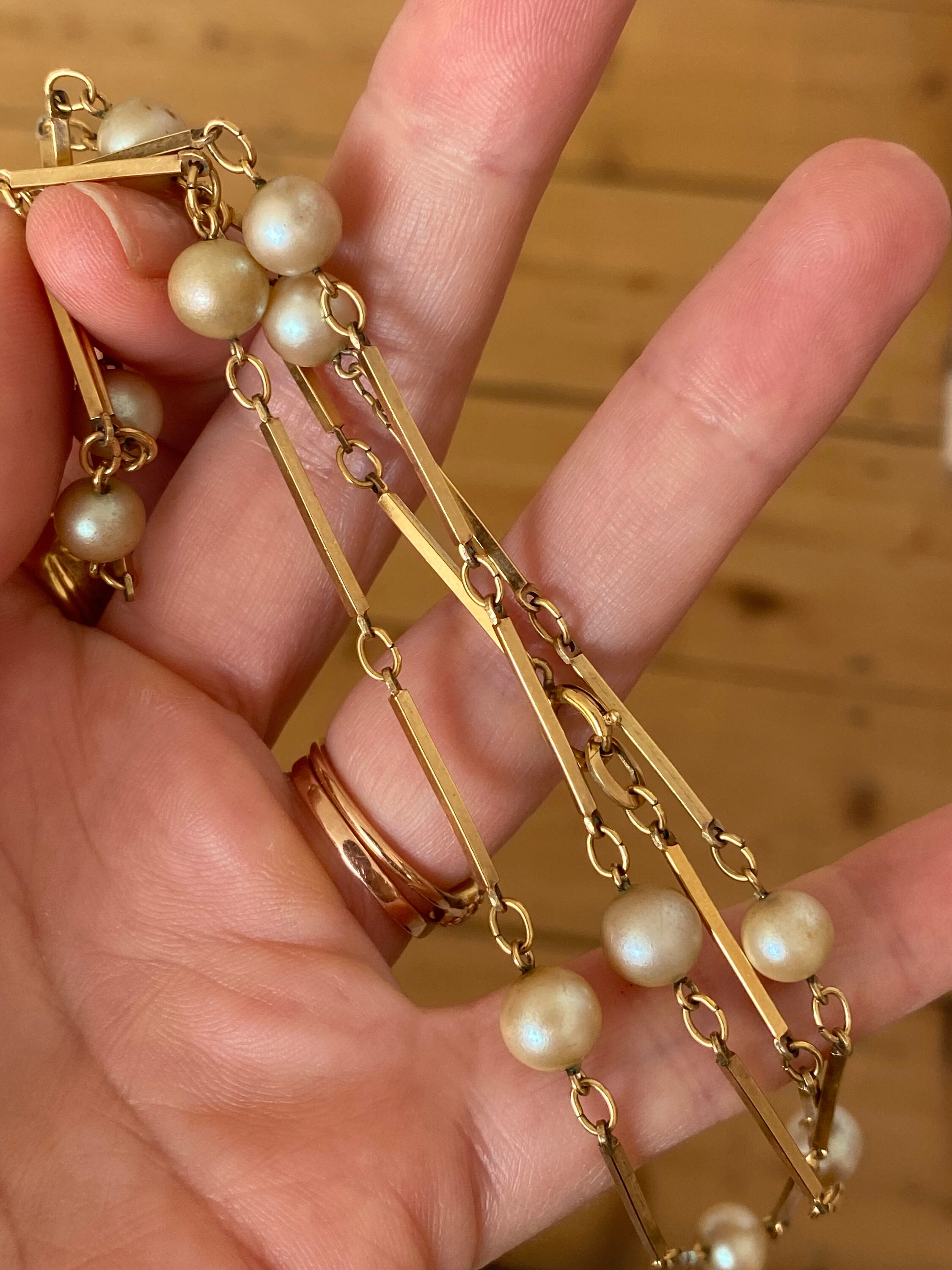 Vintage Long Bar Chain. 70cm Faux Pearl Necklace. Rolled