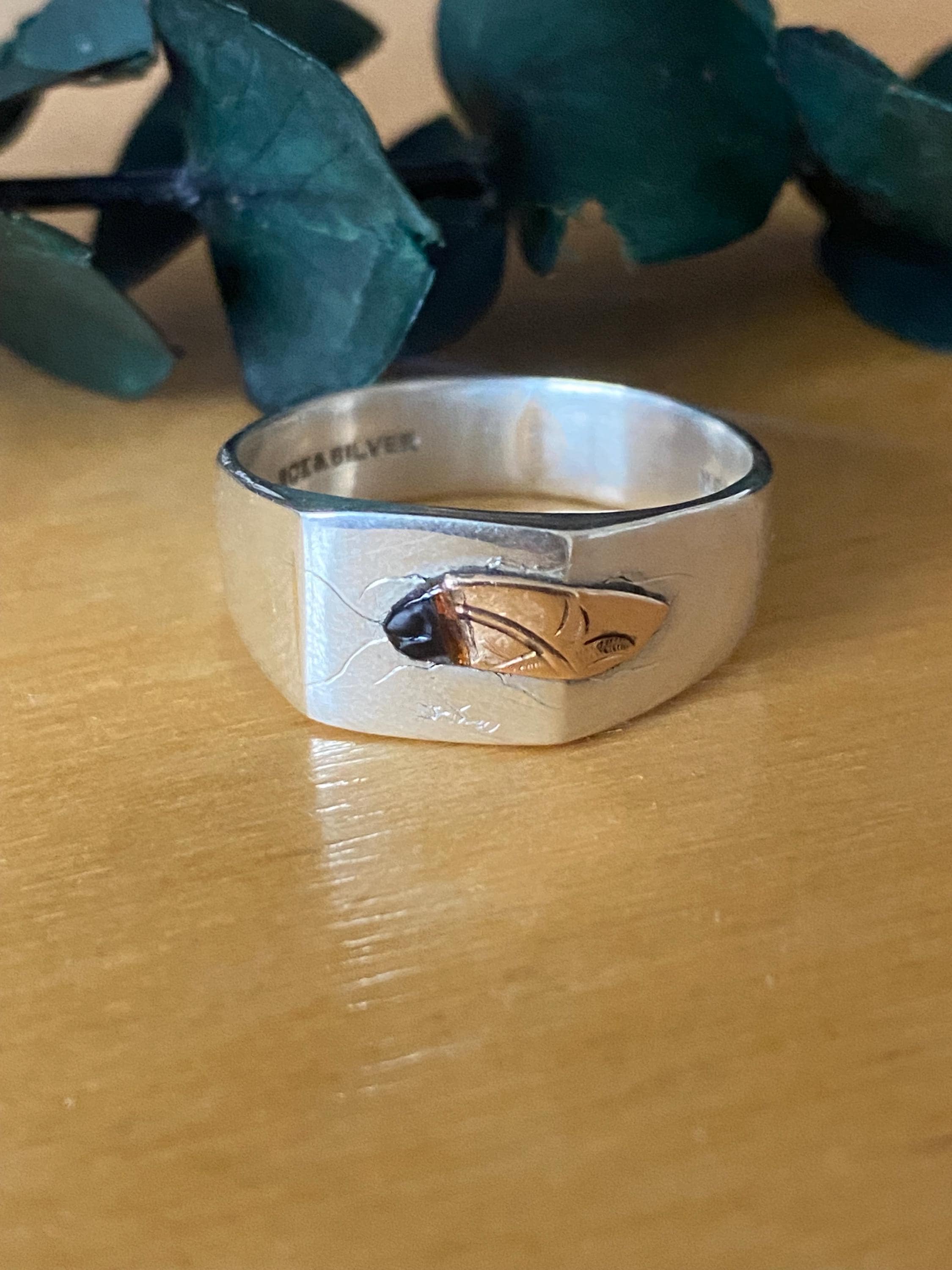 ネイティブジャパニーズリング Vintage Shibayama Signet Ring in Silver and 9ct Gold. Japanese