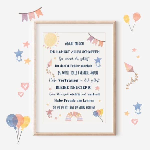 Poster for starting school, gift for starting school, poster for starting school, wishes for encouragement, affirmation poster for children, optionally with poster bar