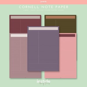 May include: Four printable Cornell note paper templates in warm pastel colours: burgundy, purple, pink, and green. Each template has a lined section, a grid section, and a space for a title.