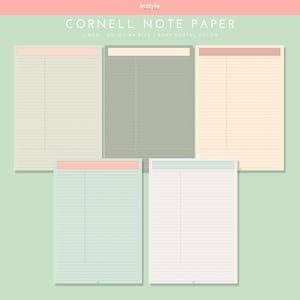May include: Set of five Cornell note paper templates in soft pastel colors. The templates are lined, gridded, and include a section for notes, a section for questions, and a section for summaries. The templates are in A4 size.
