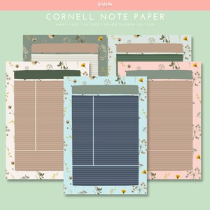 May include: Four printable Cornell note paper templates featuring a dried flower design. The templates are 5mm lined and A6 size. The designs include a light blue background with white flowers, a pink background with white flowers, a beige background with white flowers, and a dark blue background with white flowers.