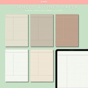 Puede incluir: Seis plantillas de papel imprimibles de tamaño A4 para tomar notas. Las plantillas incluyen papel rayado, papel cuadriculado y papel para tomar notas de Cornell en varios colores.