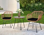 Oshion 3pcs Wicker Rattan Patio Conversation Set with Tempered Glass Table Flaxen Yellow
