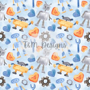 May include: A seamless pattern featuring watercolour illustrations of robots, hearts, and gears. The robots are in various colours, including blue, yellow, and grey. The hearts are red with white lettering that says "Miss You". The gears are grey. The background is a light blue.