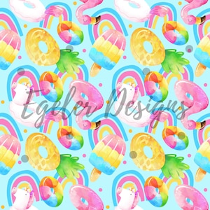 Pool floaties seamless pattern, unicorn float seamless, rainbow digital pattern paper, popsicle pattern, summer clipart, png, pattern
