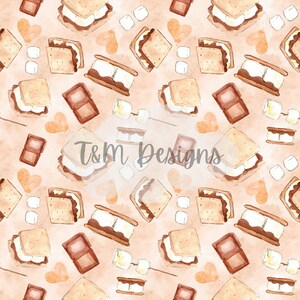 May include: A seamless pattern featuring watercolor illustrations of s'mores, chocolate bars, and marshmallows on a light brown background. The pattern is perfect for crafting projects, scrapbooking, and digital design.