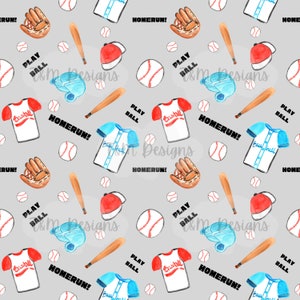 Puede incluir: Un patrón repetido de ilustraciones con temática de béisbol sobre un fondo gris. El diseño incluye pelotas de béisbol, bates, guantes, camisetas, gorras y texto que dice "PLAY BALL" y "HOMERUN!" en negro. Las pelotas tienen costuras rojas.