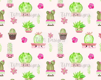 Girly Cactus Watercolor Seamless Pattern: Scrapbooking Paper (Digital Download)