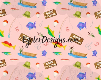 May include: A pink background with a repeating pattern of fishing-themed illustrations. The illustrations include a fishing rod, a boat, a fish, a worm, a hook, a fishing bobber, a hat, and a sign that says "Gone Fishing".