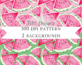 May include: A seamless pattern featuring pink watermelon slices on a pink and green background. The pattern is 300 DPI and includes two backgrounds.