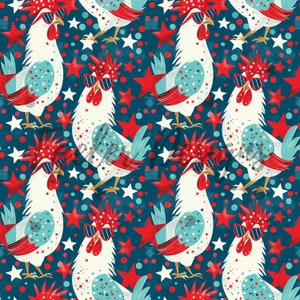 May include: A seamless pattern featuring white roosters wearing red, white, and blue bandanas and sunglasses. The roosters are set against a dark blue background with red and white stars and blue and white polka dots.