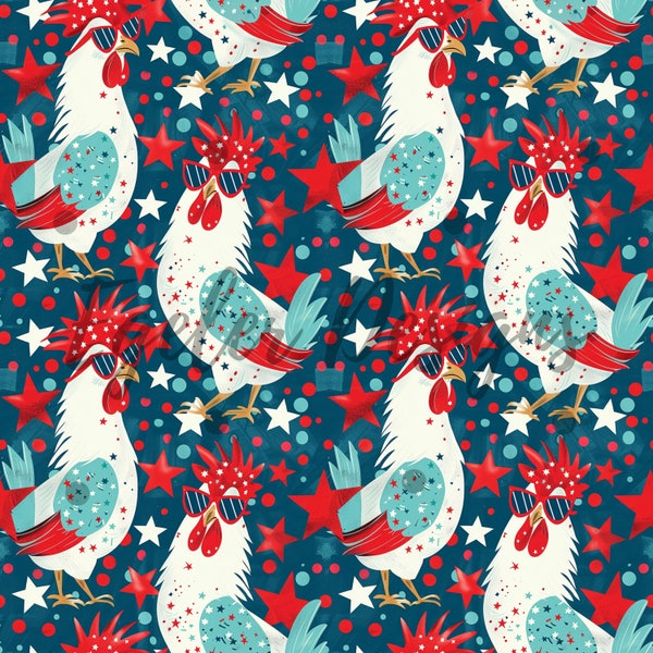 Fourth of July Seamless Chickens Pattern, Digital Download, Chicken Patterns, Seamless Files, Patriotic Pattern, Independence Day, PNG