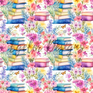 Pode incluir: Padrão em aquarela com pilhas de livros em azul, amarelo e rosa, intercaladas com flores vibrantes em tons de rosa, amarelo e roxo. Borboletas e folhagens verdes se juntam ao design floral, em um fundo branco.