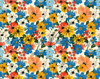 Patrón floral vintage bohemio sin costuras en rojo, azul y amarillo, colección rústica, patrón floral de acuarela, patrón de mosaico, floral atemporal, digital