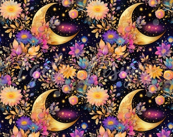 May include: A seamless pattern featuring a gold crescent moon surrounded by colorful flowers and stars on a dark blue background.