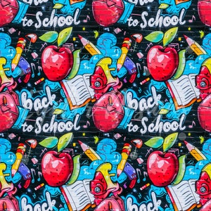 May include: A seamless pattern featuring a graffiti-style design on a black brick background. The print includes red apples with green leaves, yellow pencils, open books, and the white text Back to School, accented with blue and pink shapes.