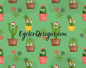 May include: A repeating pattern of cartoon cacti in brown, red, and yellow pots, some wearing Santa hats or bows. The background is a light green with snowflakes. The text "EgelersDesigns.com" is in the center.